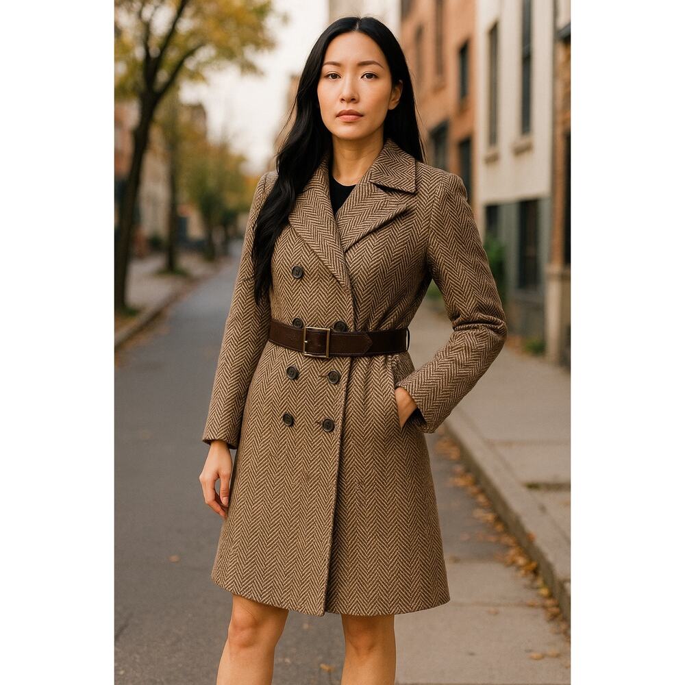 Zara Brown Old Money Tweed Wool Blend Overcoat with Faux Leather Belt M